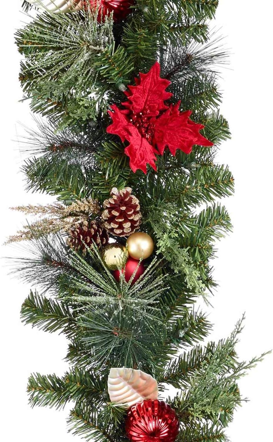 9ft (270cm) 90 LED Pre-Lit Poinsettia Red and Gold Christmas Garland