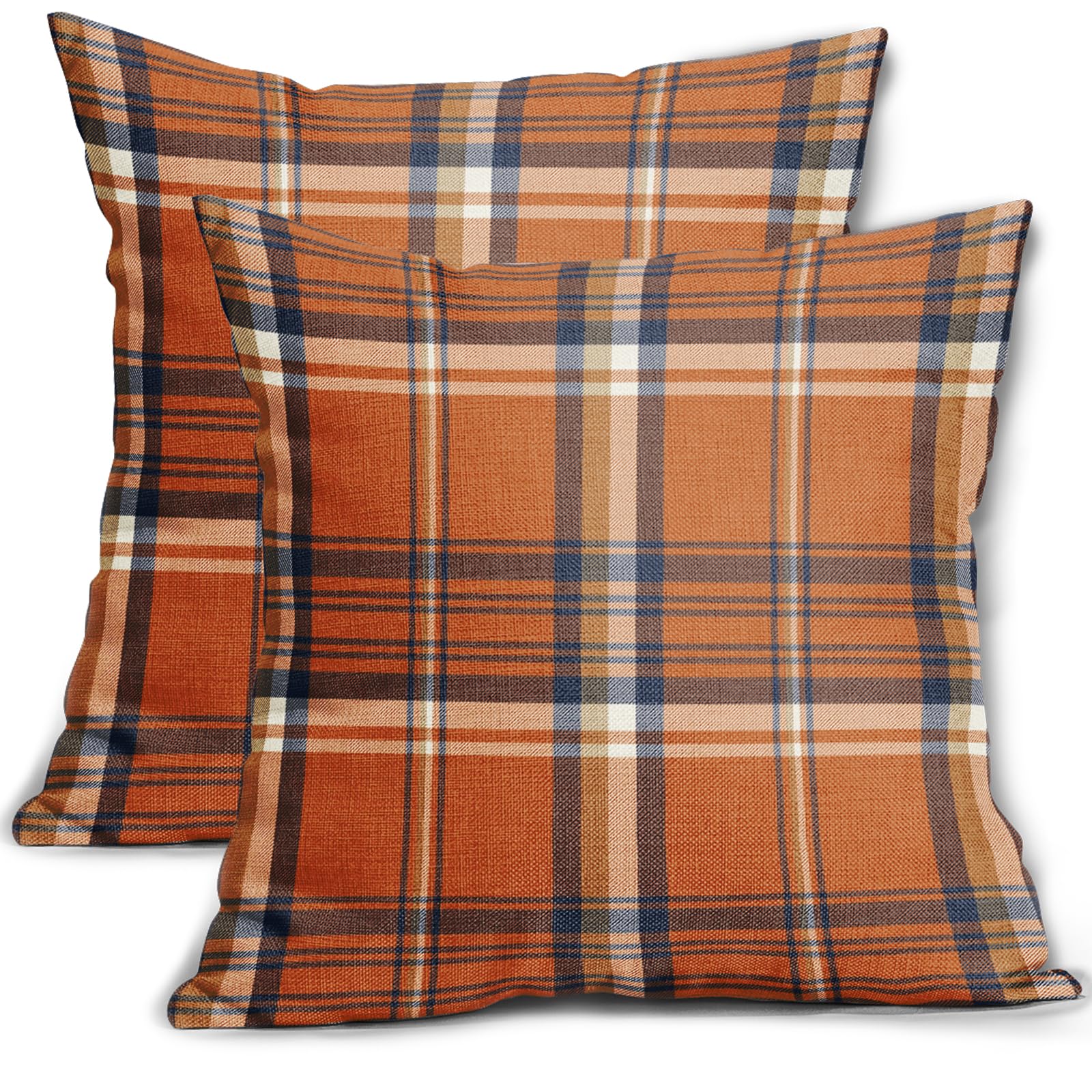 Fall Plaid Pillow Covers 16x16 Inch Autumn Decorations Orange Blue Buffalo Plaid Tartan Pattern Decorative Throw Pillow Cases Set of 2 Thanksgiving Day Holiday Cushion Cases Sofa Couch Bed Decor