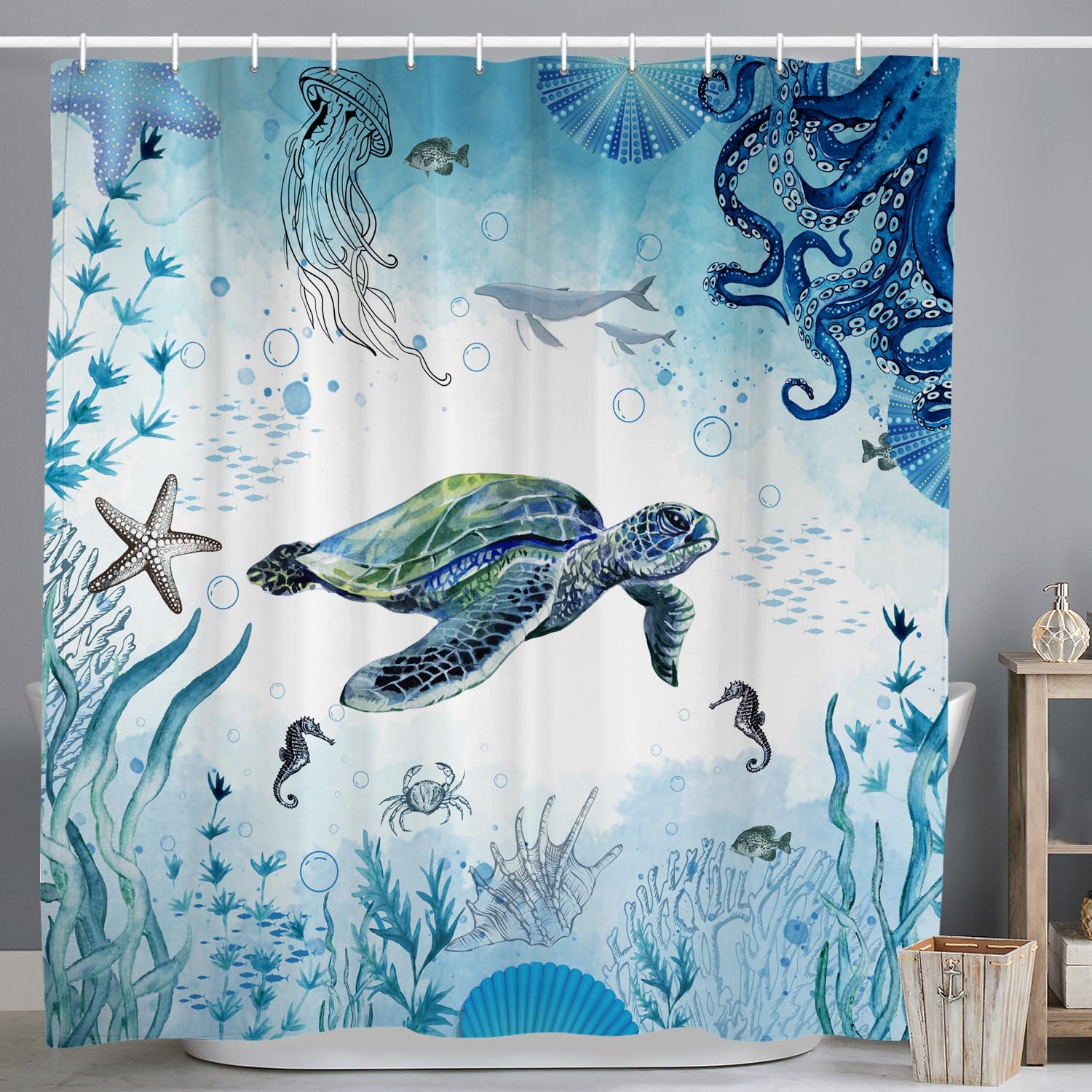 ASDCXZ Maritime Shower Curtain 180x200 cm, Blue Sea Animals Turtle Hippocampus Octopus Nautical Bath Washable Shower Curtains Polyester Textile Waterproof Bath Curtain for Bathtub with 12 Hooks — image 1