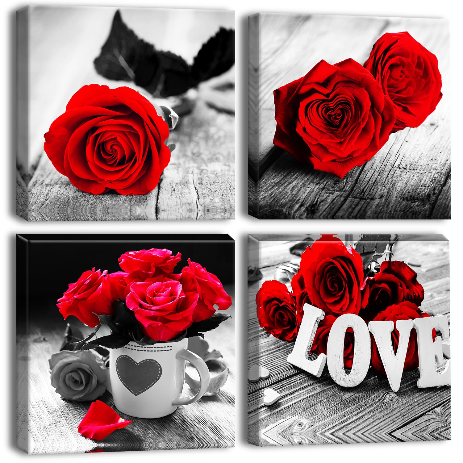 Artscope 4 Pieces Wall Art Canvas Prints - Romantic Red Rose Picture Painting- Modern Wall Artwork Framed for Bathroom Home Office Decor - 30 x 30 CM
