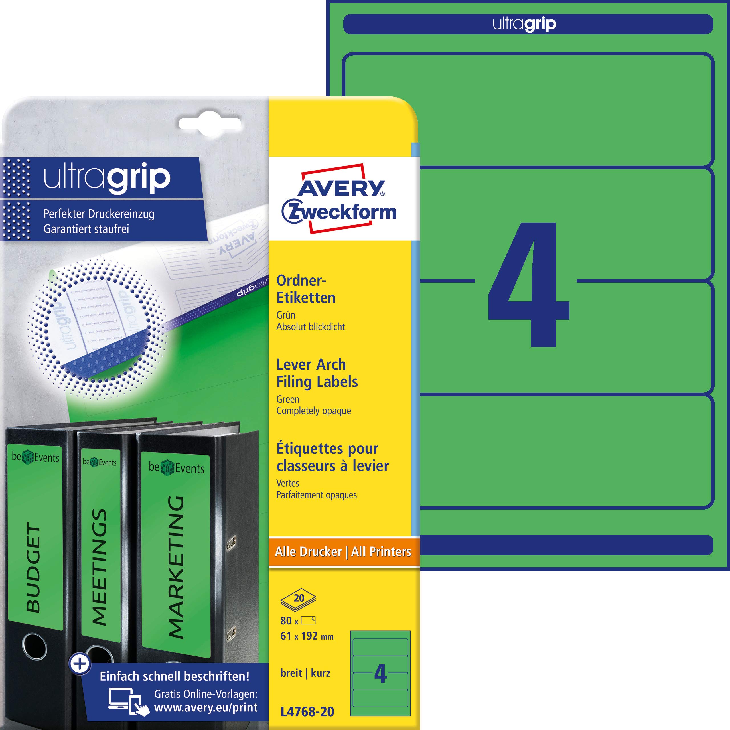 Avery Zweckform L4768-20 Folder Labels for Wide Folders Short e.g. for Leitz Elba Mehle Bene Biella 192 x 61 mm 20 Sheets