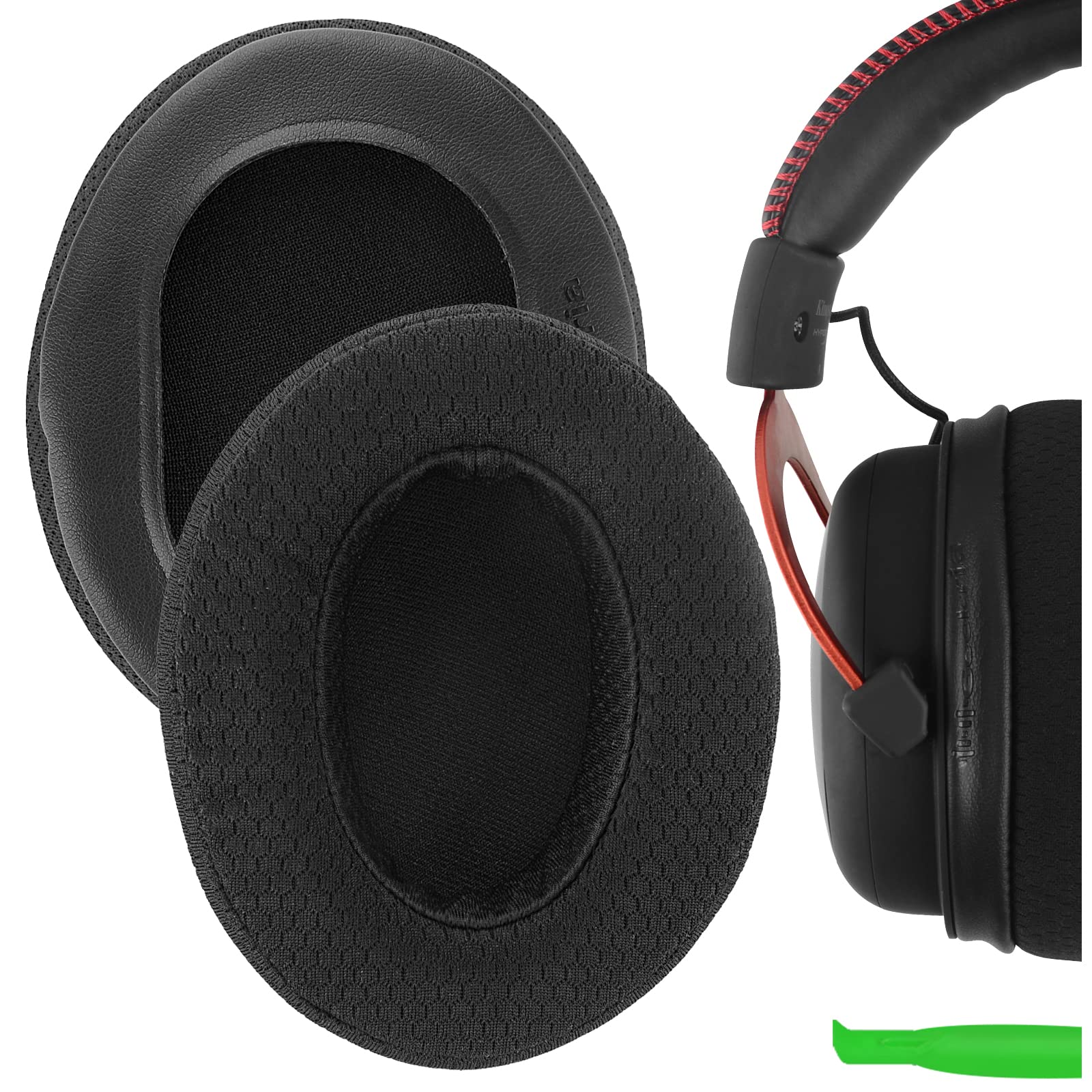 Geekria Comfort Extra Thick Mesh Fabric Replacement Ear Pads Compatible with HyperX Cloud III/II/Alpha/Alpha S/Flight/Stinger/Revolver Headphones, Ear Cushions (Black)