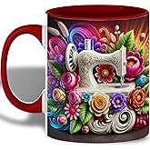 Vintage Sewing Machine Coffee Mug, Floral Design, 3D Art Accent, 11oz Ceramic Tea Cup, Gift for Quilters and Sewing Enthusiasts, Dishwasher and Microwave Safe, Unique Kitchen Décor