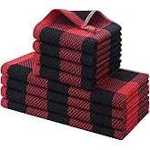 Homaxy Kitchen Towels and Dishcloths Set, 12 x 12 and 13 x 28 Inches, Set of 8 100% Cotton Waffle Weave Check Plaid Kitchen Dish Towels, Super Soft and Absorbent Dish Cloths, Black & Red
