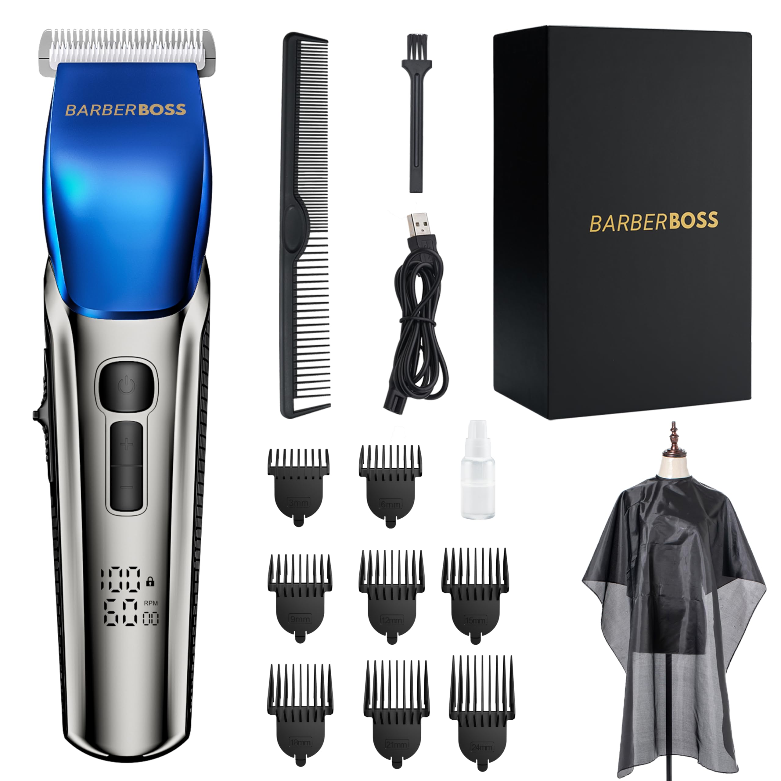 BarberBoss Hair Clippers Men, Beard Trimmer - 4 Speed Settings, Ceramic Blade, 8 Comb Attachments, LED Display, USB Charge, Waterproof, Hair Grooming Kit, QR-2083