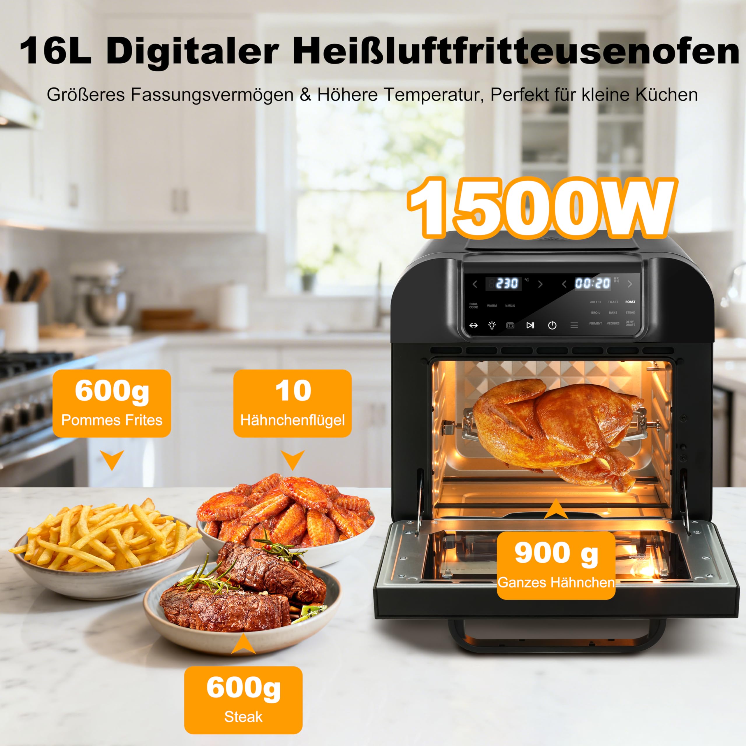 16L Heißluftfritteuse XXL mit Rotisserie Große Kapazität Bis zu 230°C 9 smarte Kochfunktionen Air Fry Roast Grill Bake Dehydrate & Mehr Einfache Digitale Steuerung Tischofen 2
