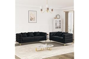OUYESSIR Living Room Sofa Couch and Loveseat Set, Modern Comfy Boucle Sherpa Deep Seat Cloud Couch with 5 Pillows, Oversized Sofa Furniture Sets for Living Room Bedroom, Black Teddy