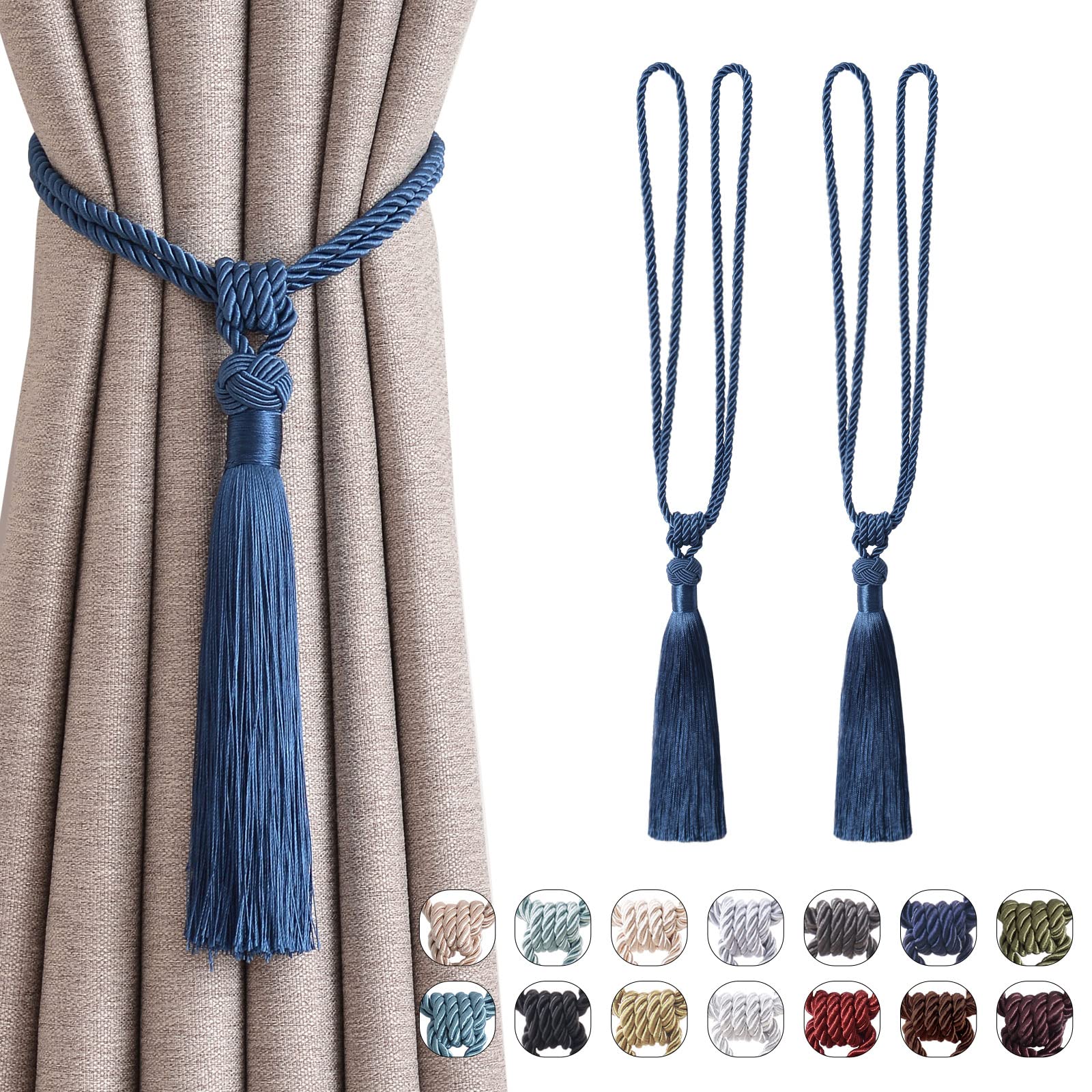 Pretty Jolly 2 Pack Long Tassel Curtain Tiebacks Handmade Braided Rope Knot Drape Tie Backs European Style Decorative Curtain Holdbacks for Home & Office Window Drapery (Marine Blue)