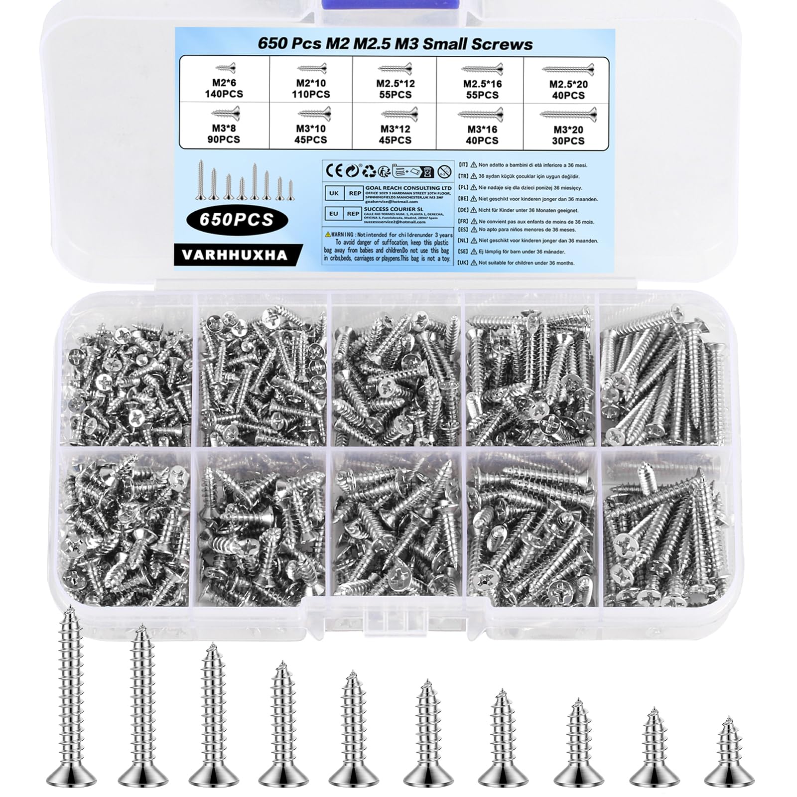 650 Pcs M2 M2.5 M3 Small Screws for Wood, Self Tapping Cross Flat Head Screw, Assorted Screws Pack Set, for Decking Chipboard Drywall Concrete — image 1
