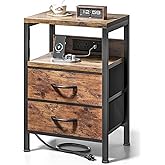 Lazzanto NightStand Bedside Charging Table Bedroom - Brown Night Stand with Charger Station, Modern Bed Side End Table with Open Shelf & 2 Fabric Drawers, USB-C Port for Dorm, Living Room