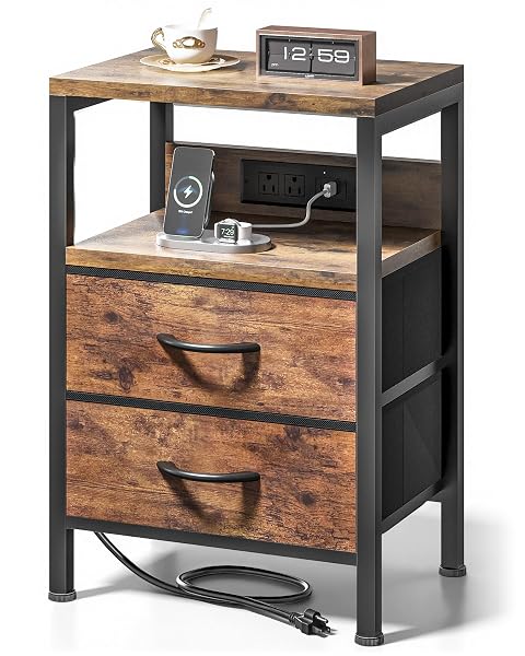 LAZZANTO NIGHTSTAND BEDSIDE CHARGING TABLE BEDROOM – BROWN NIGHT STAND WITH CHARGER STATION, MODERN BED SIDE END TABLE WITH OPEN SHELF & 2 FABRIC DRAWERS, USB-C PORT FOR DORM, LIVING ROOM