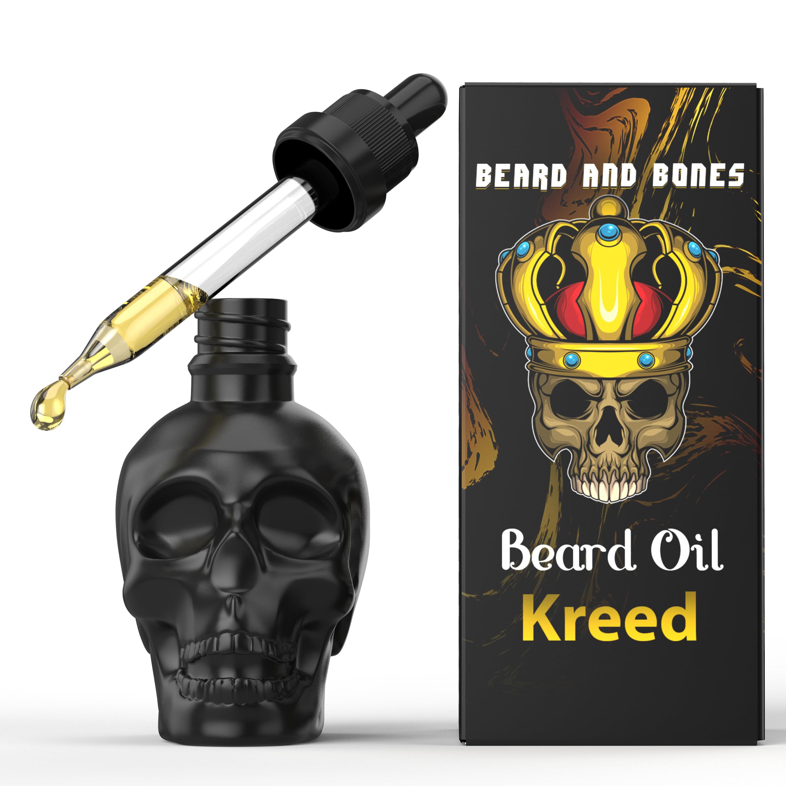 Beard and Bones - 60ml Beard Oil for Men | Nut Free | Natural Carrier Oils of Jojoba, Squalane and Sea Buckthorn Oil | Black Glass Skull | Choice of 6 Scents (Kreed)