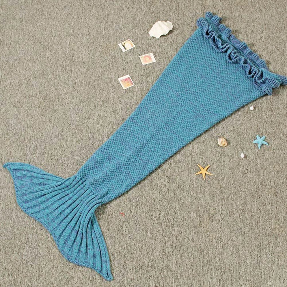 GDAE10 Children Warm Soft Crochet Handmade Mermaid Tail Blanket Knitting Living Sleeping Bag Camping Bag for Girls Kids (Blue)