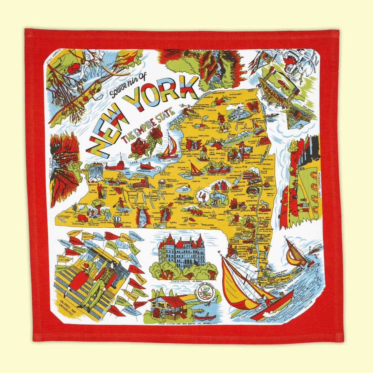 The Red & White Kitchen Co. New York State 50s Style Cotton Flour Sack Souvenir Towel 22 x 22,Red with White, yellow, blue