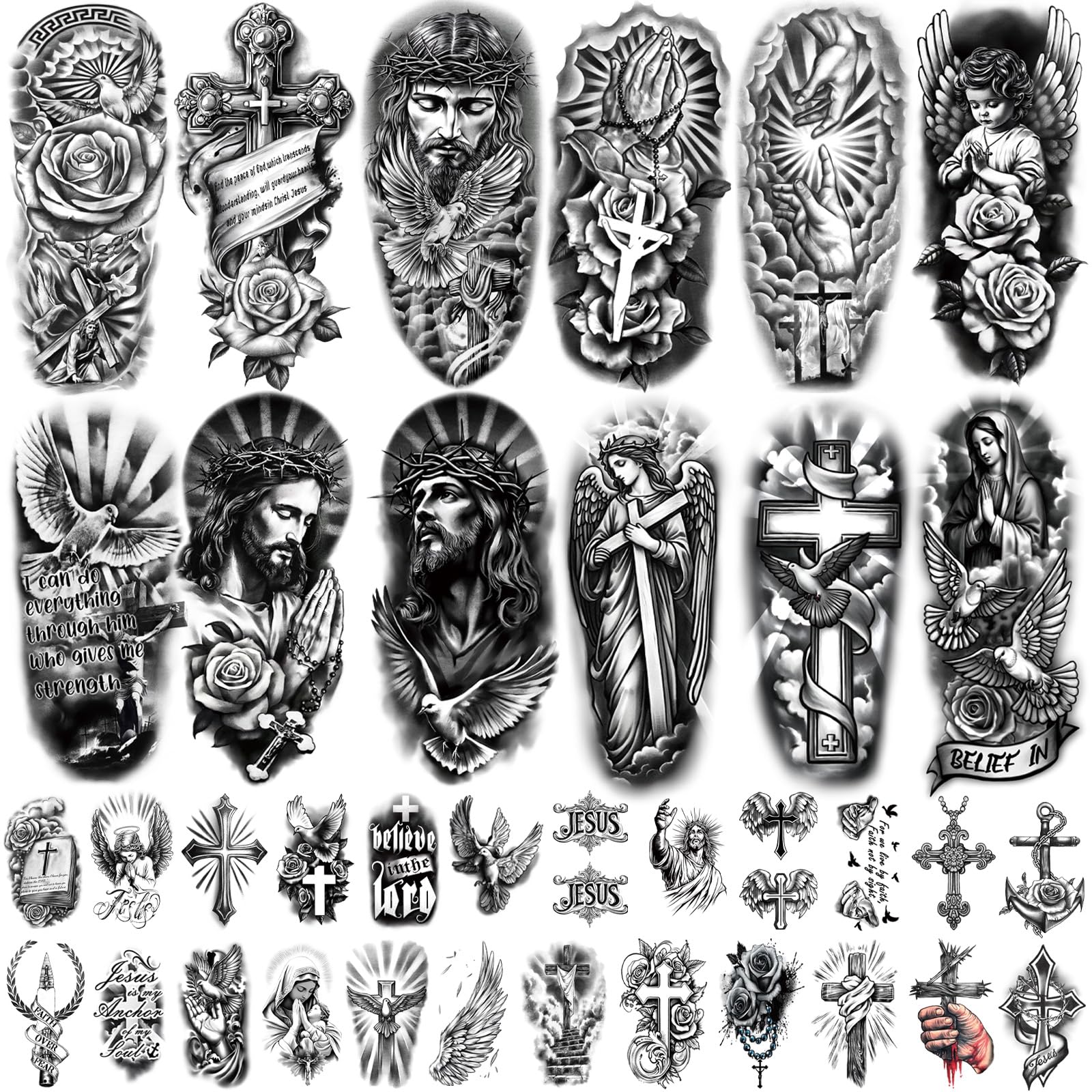 77 Sheets Christian Temporary Tattoo Adult Teen Kids Religious Jesus Cross Realism Realistic Half Sleeve Fake Tattoos Stickers for Man Women