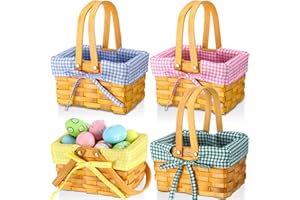 Sunnychicc 4 Pcs Easter Basket with Double Folding Handles and Gingham Liner Empty Natural Woven Woodchip Picnic Bamboo Handmade Woven Eggs Basket for Picnic, Gift Packing, Storage