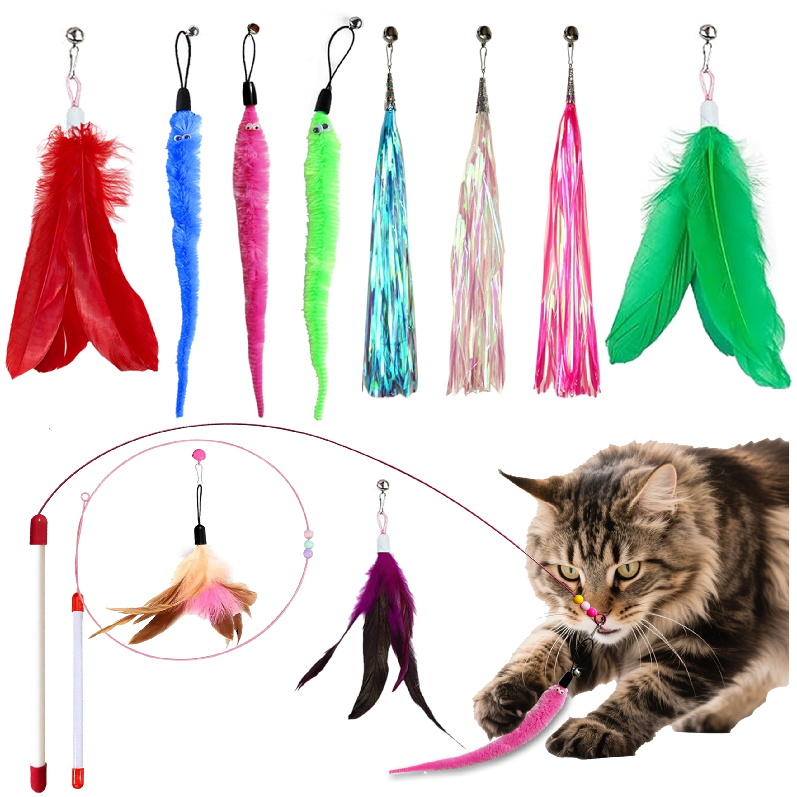 IMQUAFER 12Pcs Cat Wand Toy - 2 Cat Toy Stick Wand 10 Replacement Teasers with Bells, Interactive Feather Toy for Indoor Cats, Worm Cat Toy Teaser for Bored Adult Cats Kittens Play Chase Exercise