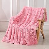 Tuddrom Decorative Extra Soft Faux Fur Throw Blanket 50"x60",Solid Reversible Fuzzy Double Layers Long Hair Shaggy Blanket,Fluffy Cozy Plush Fleece Comfy Microfiber Blanket for Couch Sofa Bed,Pink