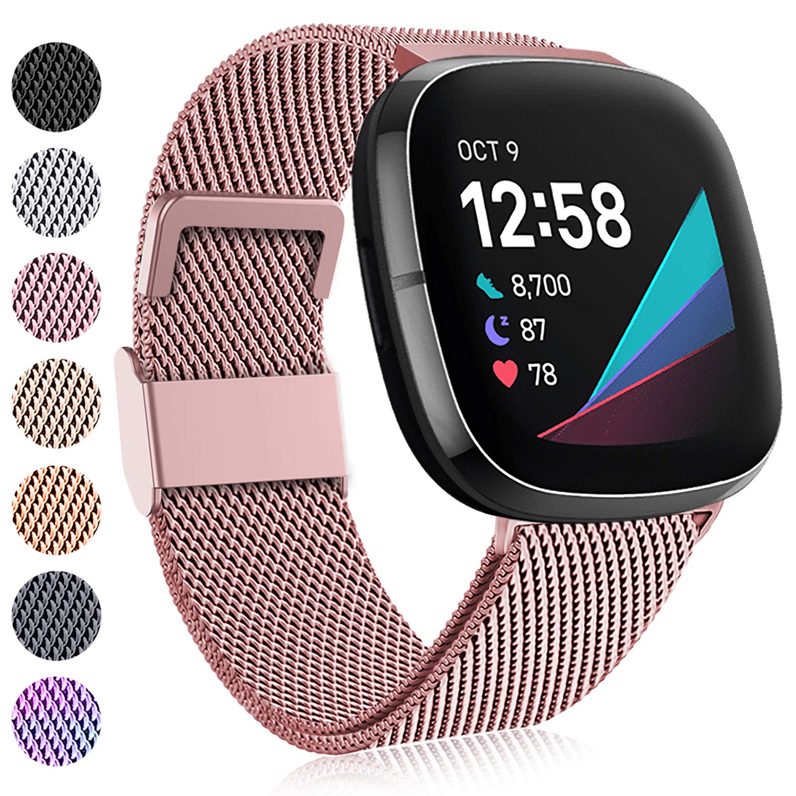 Faliogo Compatible Fitbit Versa 4/3/Sense Strap, Stainless Steel Metal Replacement Strap with Magnet Lock, Small Rose Pink