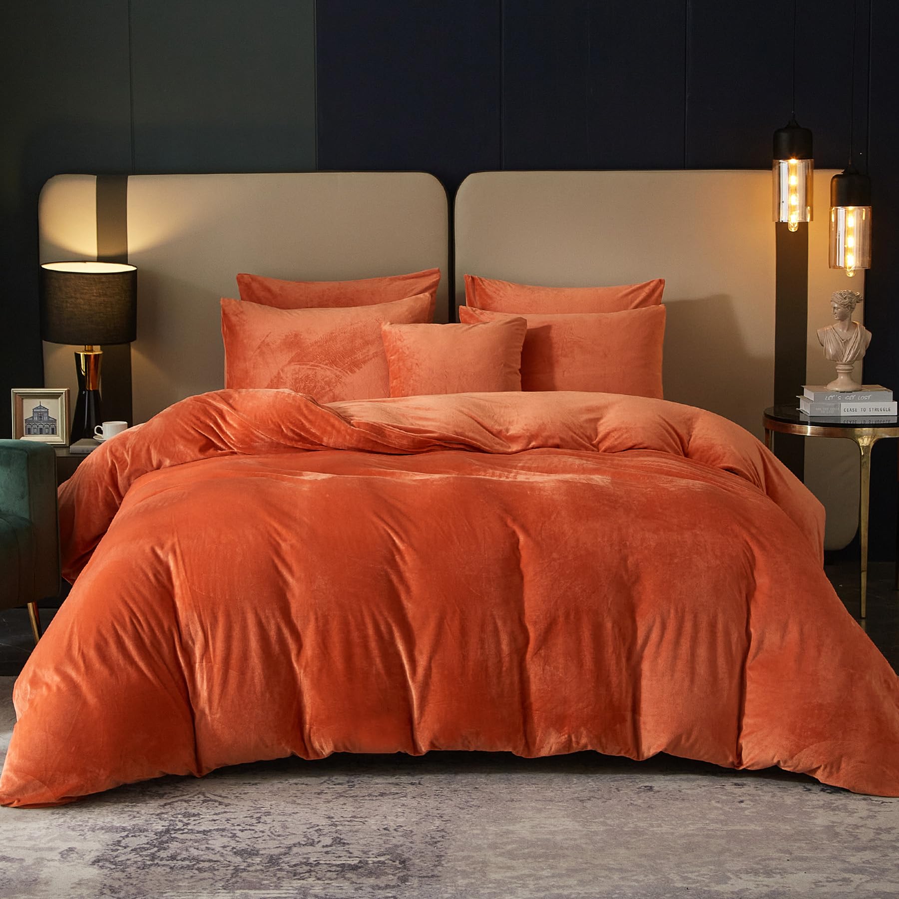 Photo 1 of SE SOFTEXLY Velvet Burnt Orange Duvet Cover King Size, Soft Flannel Duvet Cover with Zipper Solid Breathable Silky Velour Comforter Cover, Cozy Winter Duvet Cover Set with 2 Pillowcases, 90" x 104"