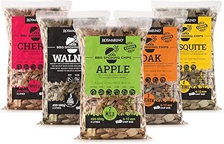 ROSMARINO Räucherchips 5er Pack - Räucherrezepte E-Book - 5 Packungen (1x Kirsche, 1x Apfel, 1x Eiche, 1x Mesquite, 1x Walnuss)