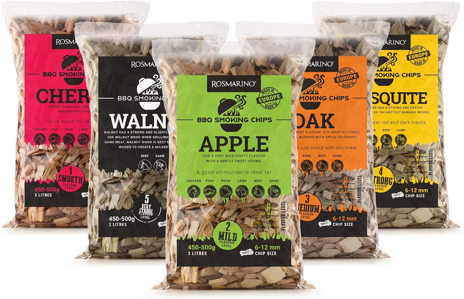 ROSMARINO Räucherchips 5er Pack - Räucherrezepte E-Book - 5 Packungen (1x Kirsche, 1x Apfel, 1x Eiche, 1x Mesquite, 1x Walnuss)