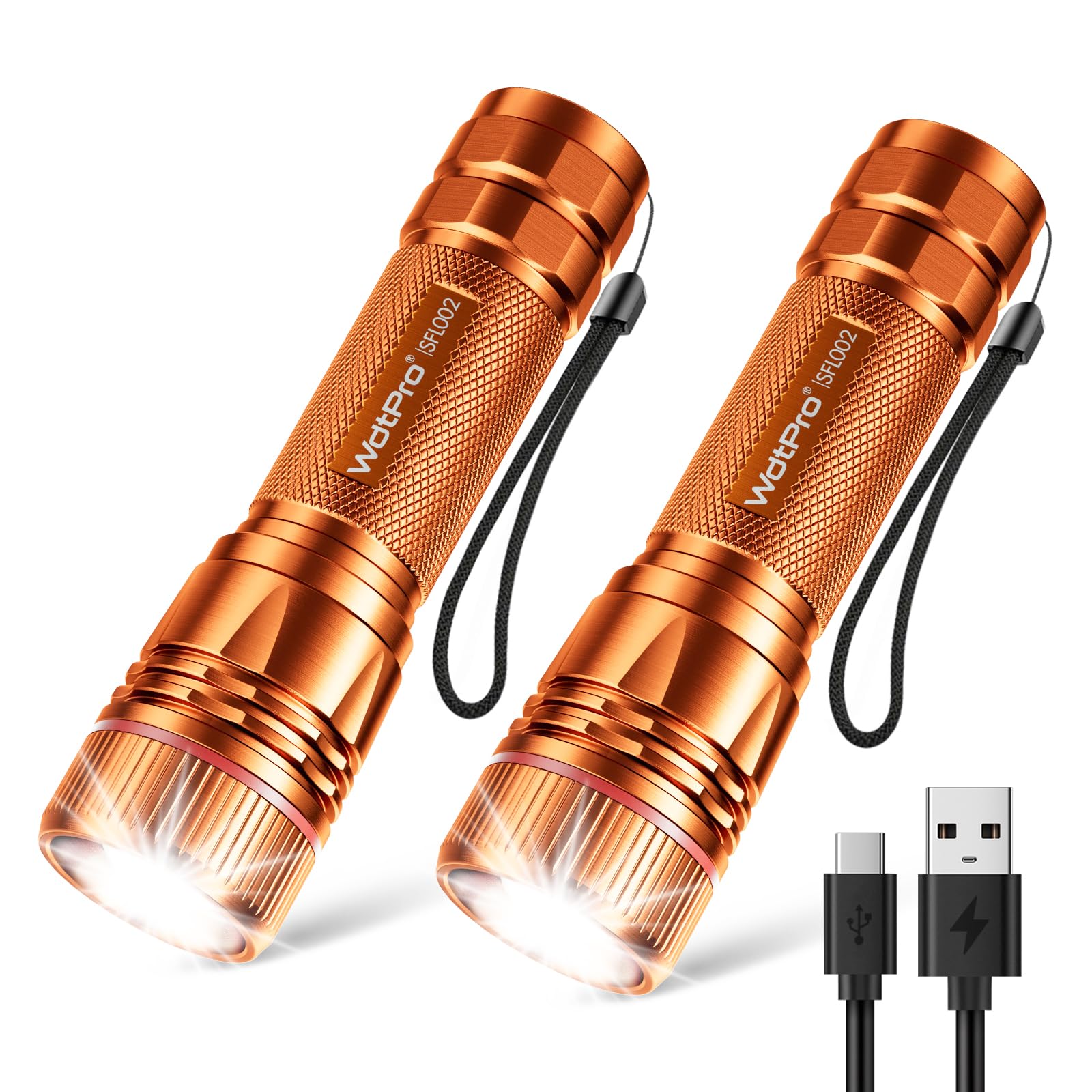 Photo 1 of WdtPro Rechargeable Flashlights High Lumens, 2 Pack 10H Long Lasting Super Bright EDC Flashlight, LED Mini Tactical Flash Lights for Camping Emergency, Drop & Water Resistant Orange(Battery Included)