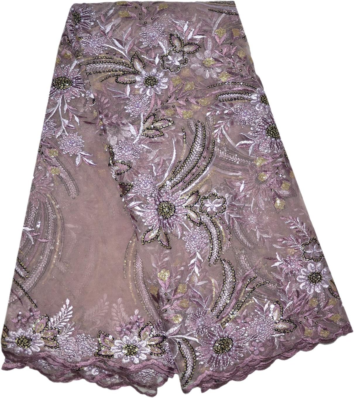 LaceQiao 5Yards Embroidery African Lace Fabrics French Bridal Beaded Nigerian Lace Tulle Lace Fabric with Beads hsequins for Wedding Dress (Purple)