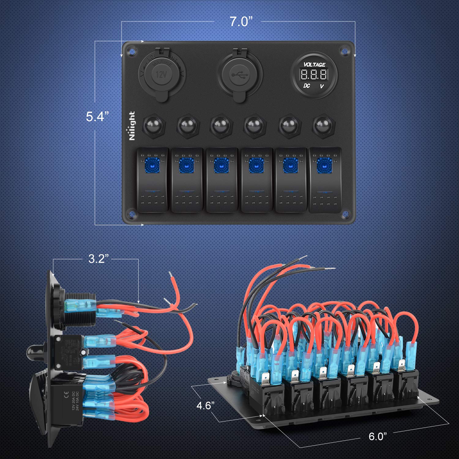 Nilight 6 Gang 5 Pin ON/Off Toggle Rocker Switch Panel with 12V-24V LED Digital Voltmeter 3.1A Dual USB Charger Cigarette Lighter Socket Overload Protection For RV Truck Boat SUV, 2 Years Warranty: Automotive