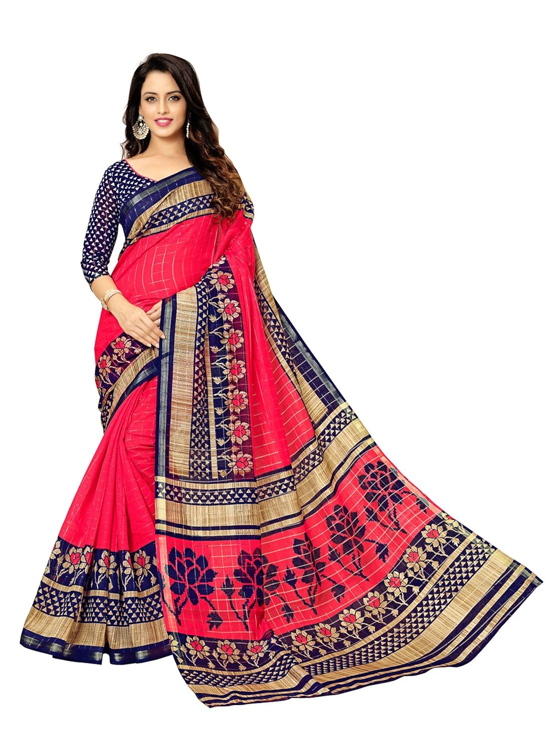glory sarees cotton saree with blouse piece (gloryart005_red and blue_free size)