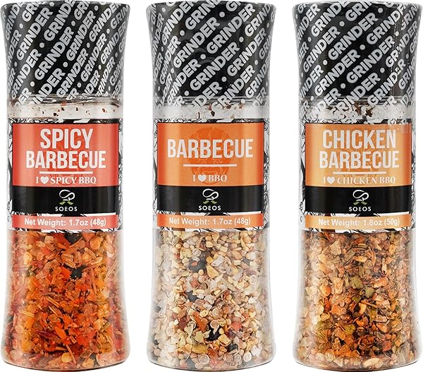 SOEOS SPICE SEASONING SET OF 3, 5.2OZ(146G), WITH INTEGRATED GRINDERS, SALT AND PEPPER GRINDER SET, PURE AND FRESH PERFECT FOR BBQ SEASONING GIFT SET, GRILLING SPICE, HERB, SPICE & SEASONING GIFTS