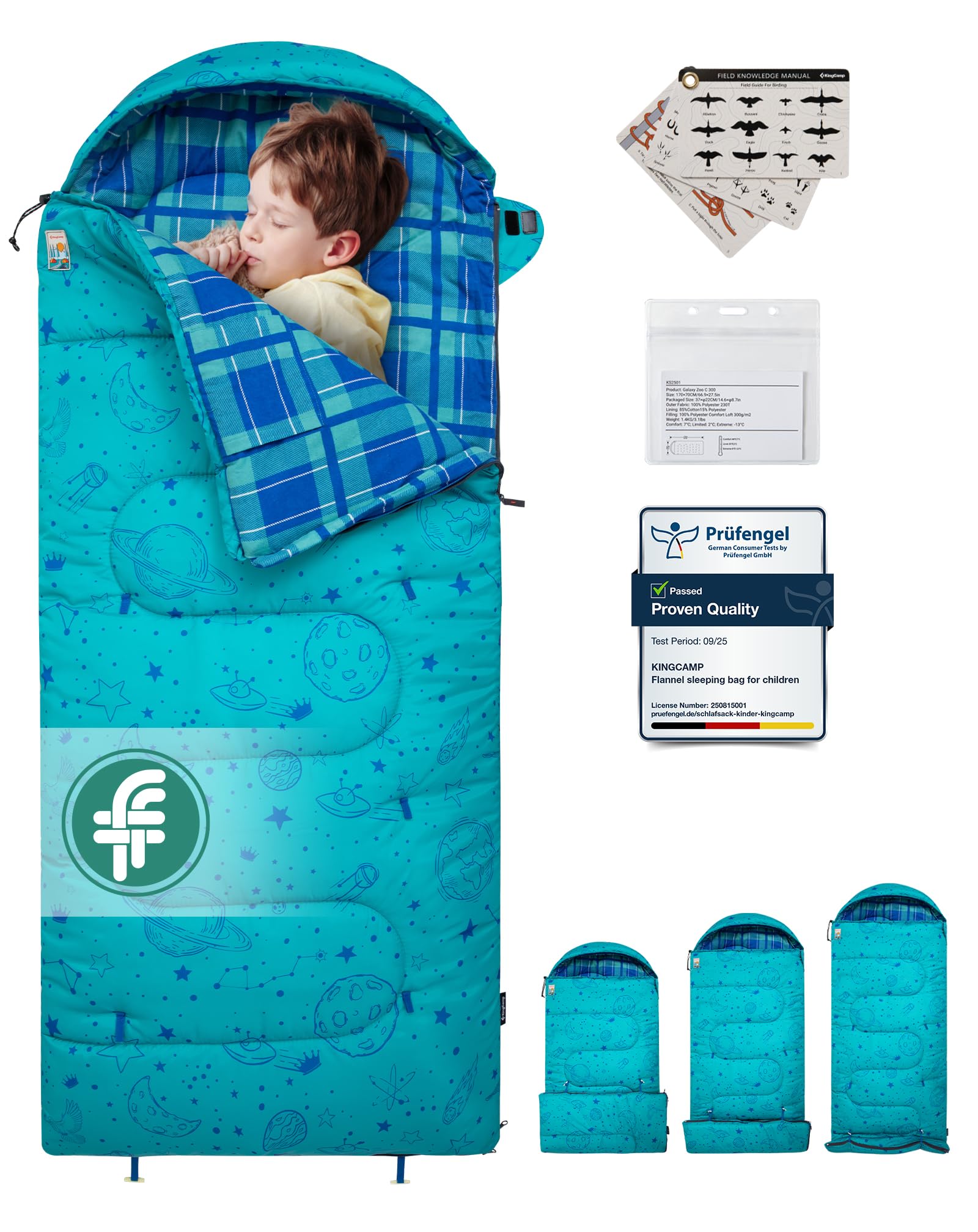 Kingcamp Children's Sleeping Bag, Flannel for Outdoor Use, Multifunctional Blanket, Warm and Comfortable, Water-Repellent, Ideal for Camping, Travel, and Activities (Cyan)