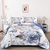 WONGS BEDDING Floral Quilt Set Blue Queen Size 3 Pieces Elegant Botanical Print Bedding Set for All Season, Lightweight Reversible Bedspreads Coverlet Set with 2 Pillow Shams