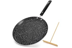 WRINGKIT 10 Inch Nonstick Crepe Pan with Spreader, Flat Skillet Tortilla Pan with Granite Coating, Round Griddle Pancake Pan 