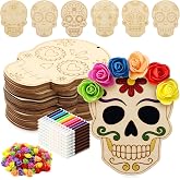 24 Set Day of The Dead Craft Kits DIY Unfinished Wooden Skull Ornament | Dia De Los Muertos Decorations, DIY Painting Craft Kits, Make Your Own Mexican Fiesta Blank Cutout, Hanging Slices