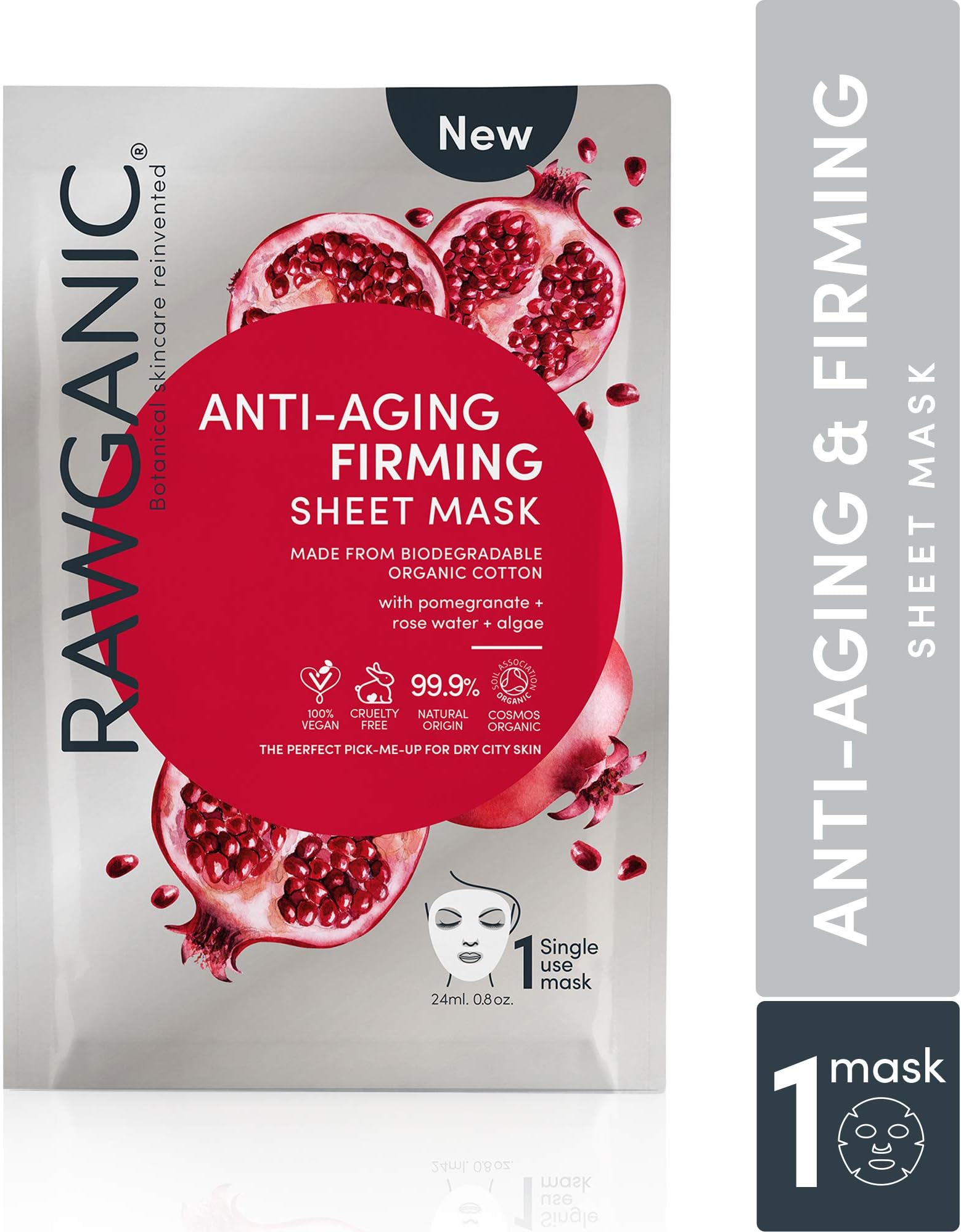 RAWGANIC Anti-aging & Firming Organic Sheet Mask | Gentle Hypoallergenic Biodegradable Organic Cotton Face Mask | with Pomegranate, Rose Water and Algae | 1 Face Mask