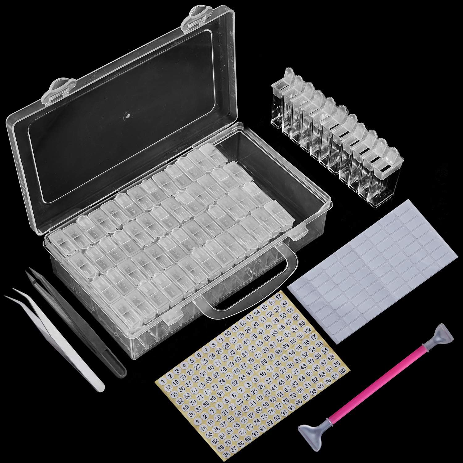 MACTING 64 Slots Diamond Painting Storage Boxes for 5D Diamond Painting Embroidery Case with 64 Pieces Craft Label Marker Sticker, Numeral Sticker, Tweezers, Sticky Pen (64 Slots Storage Box Set)