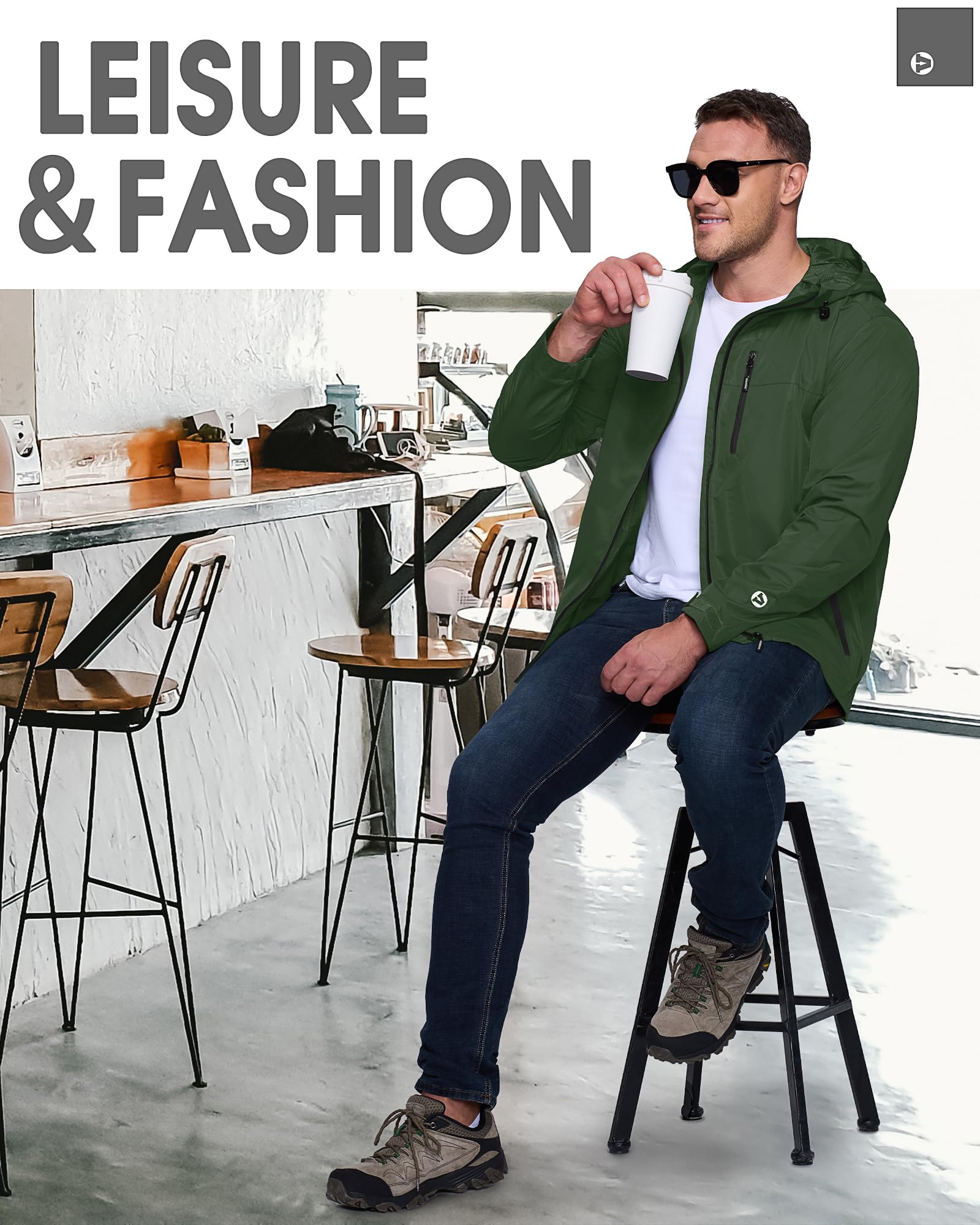 Outdoor Ventures Regenjacke Herren Wasserdicht Atmungsaktiv, Packbar Fahrrad Jacke Leichte Windbreaker zum Freizeit Wandern Camping Dunkelgrün/Schwarz L 8