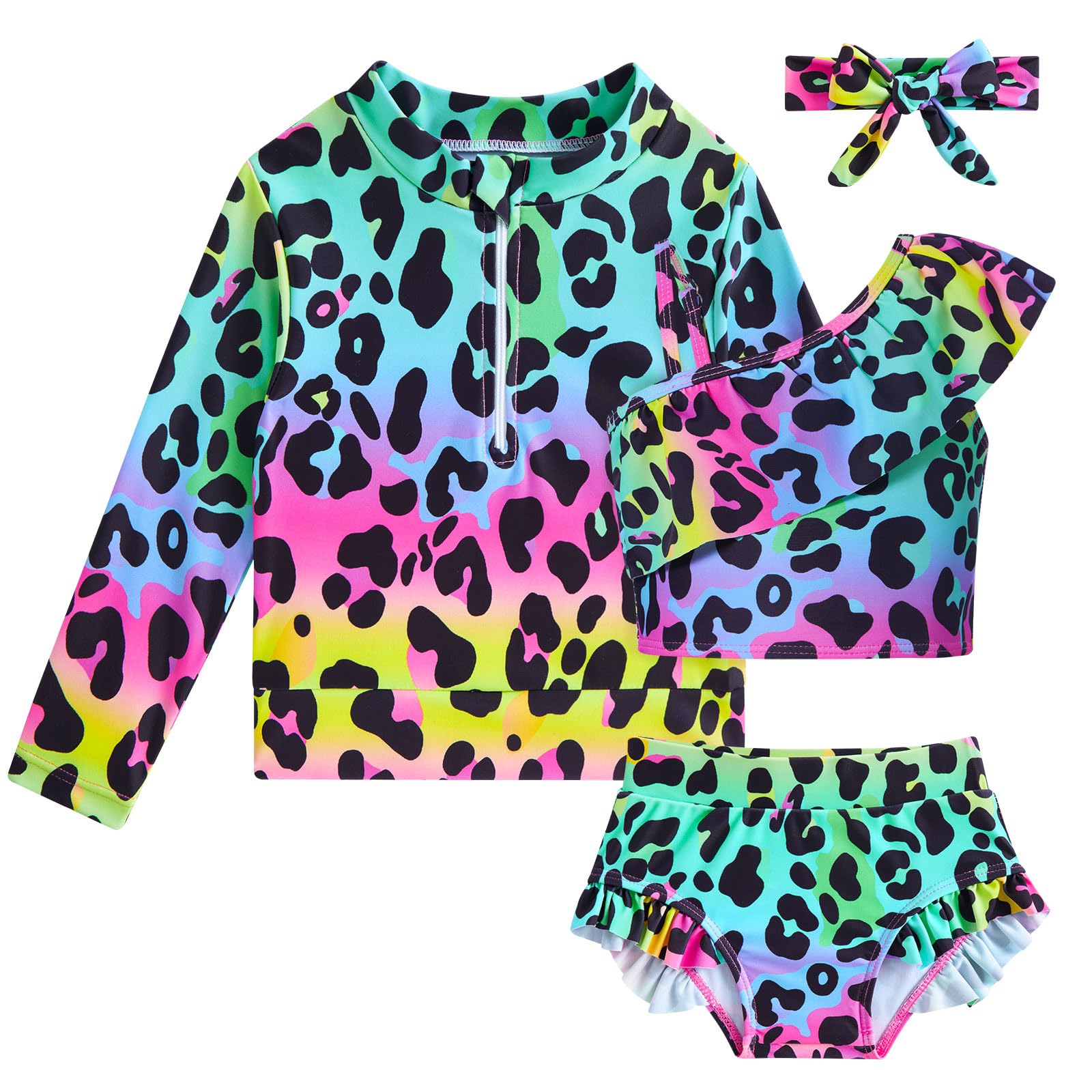 Photo 1 of Funnycokid Toddler Girl Swimsuit 2T 3T Bathing Suit Leopard Rash Guard Set Long Sleeve Ruffle Swimwear Summer 2-3T