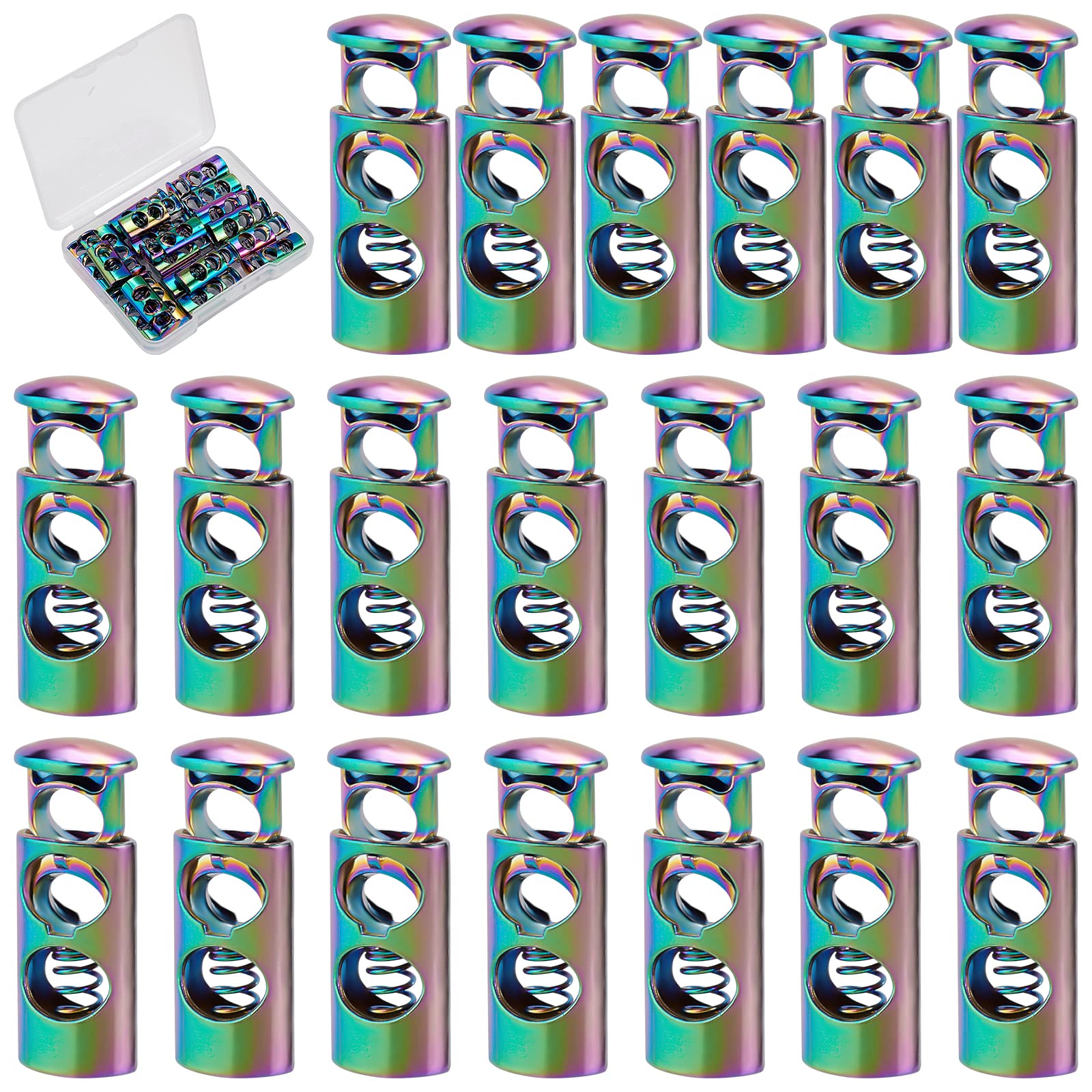 GORGECRAFT 1 Box 20Pcs Alloy Cord Locks Double Hole Toggle End Spring Stopper Loaded Stop Sliding Cord Fastener Locks Buttons for Drawstrings Shoestrings Sweatpants Backpacks, Rainbow Color