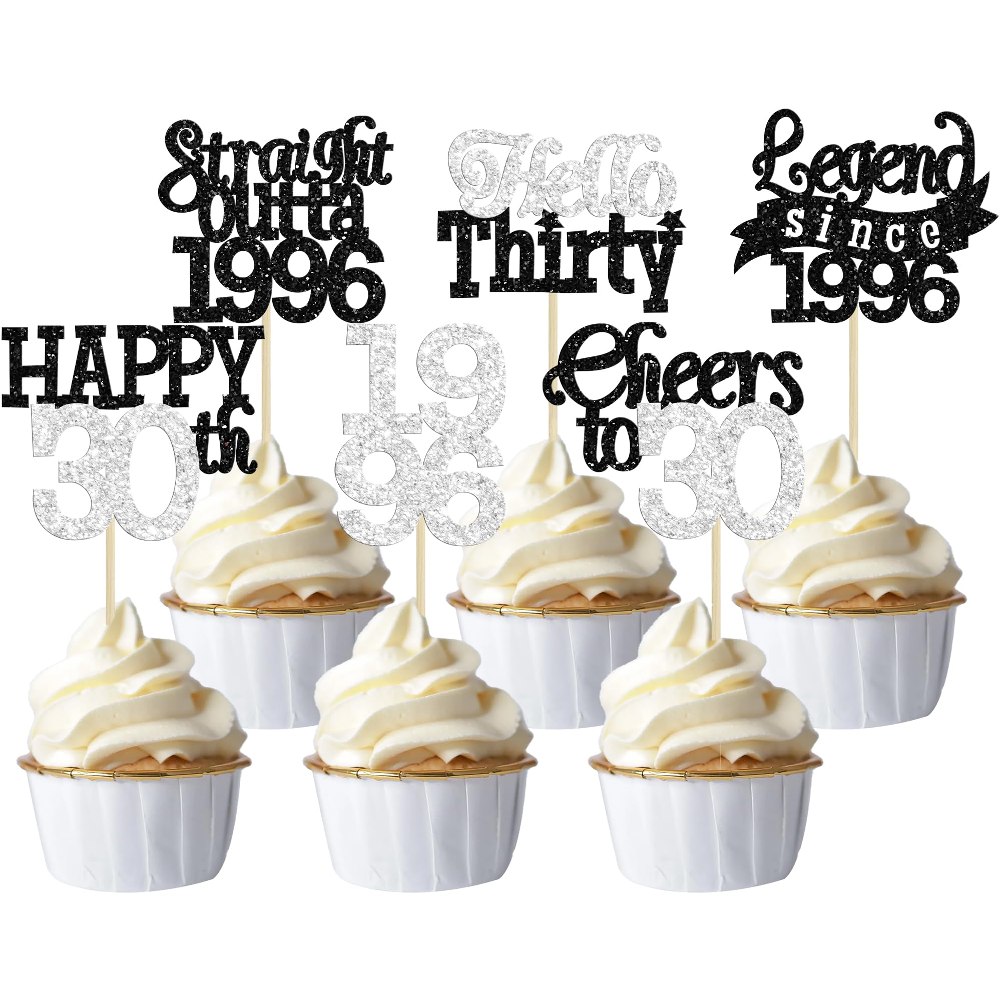 Gyufise 24Pcs Happy 30th Birthday Cupcake Toppers Hello Thirty Legend Since 1996 Cupcake Picks Cheers to 30 Years Cake Decorations for 30th Birthday Anniversary Party Supplies Black Silver
