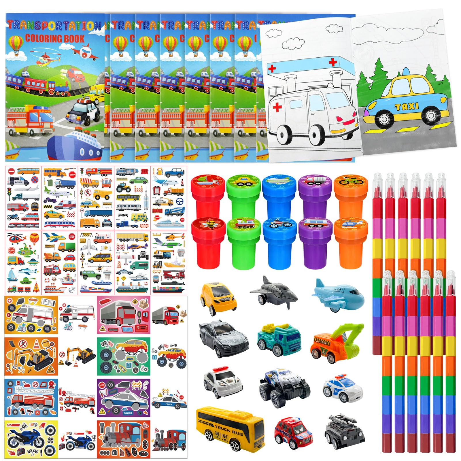 Photo 1 of Cinrobiye 72 Pcs Transportation Party Favors Set, Vehicle Car Coloring Books Crayons Tattoos Stickers Stampers, Birthday Supplies Goodie Bag Fillers, Race Car Party Decorations