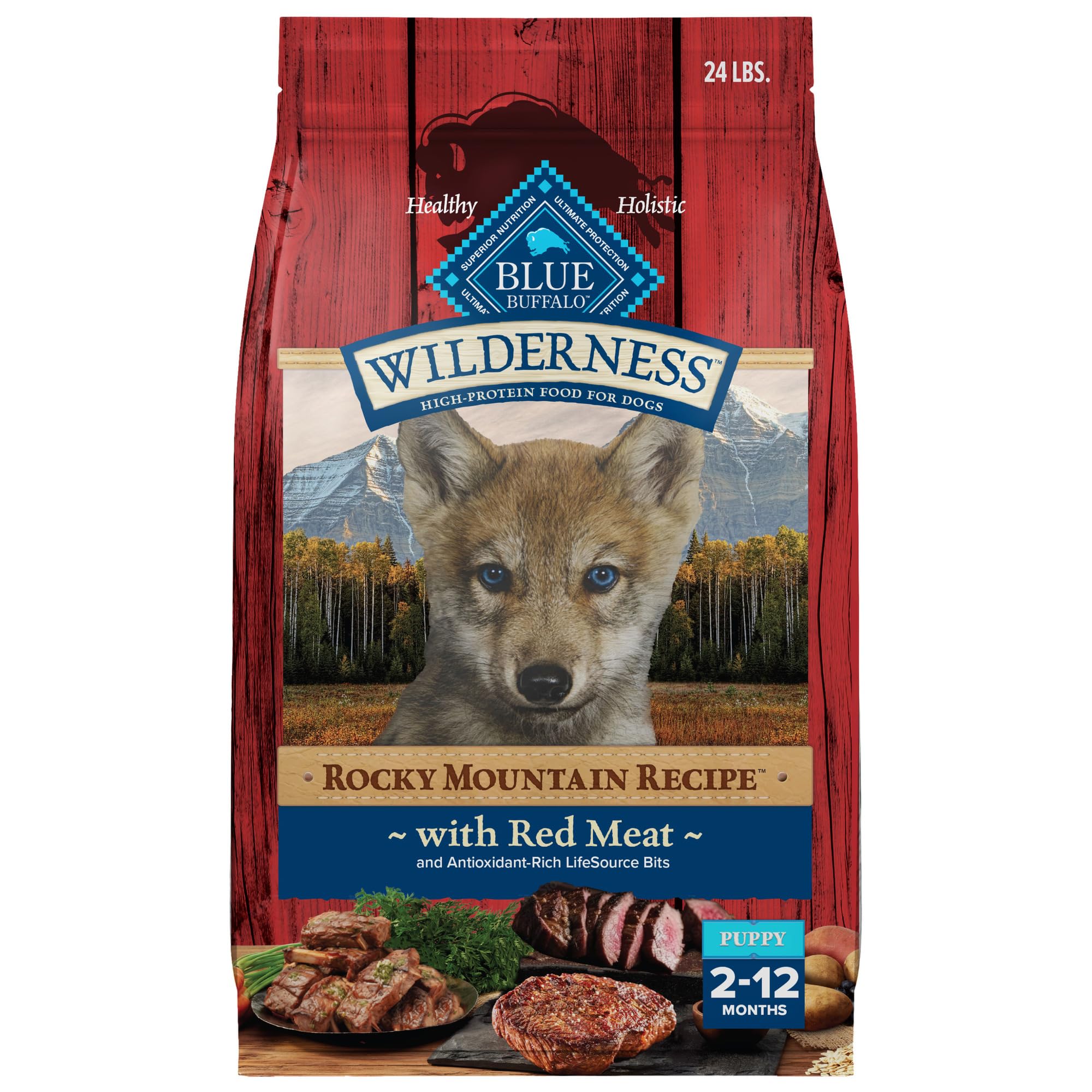 Blue Buffalo Wilderness High-Protein Rocky Mountain Recipe Dry Food for Puppies, Red Meat & Grains, 24-lb Bag Image