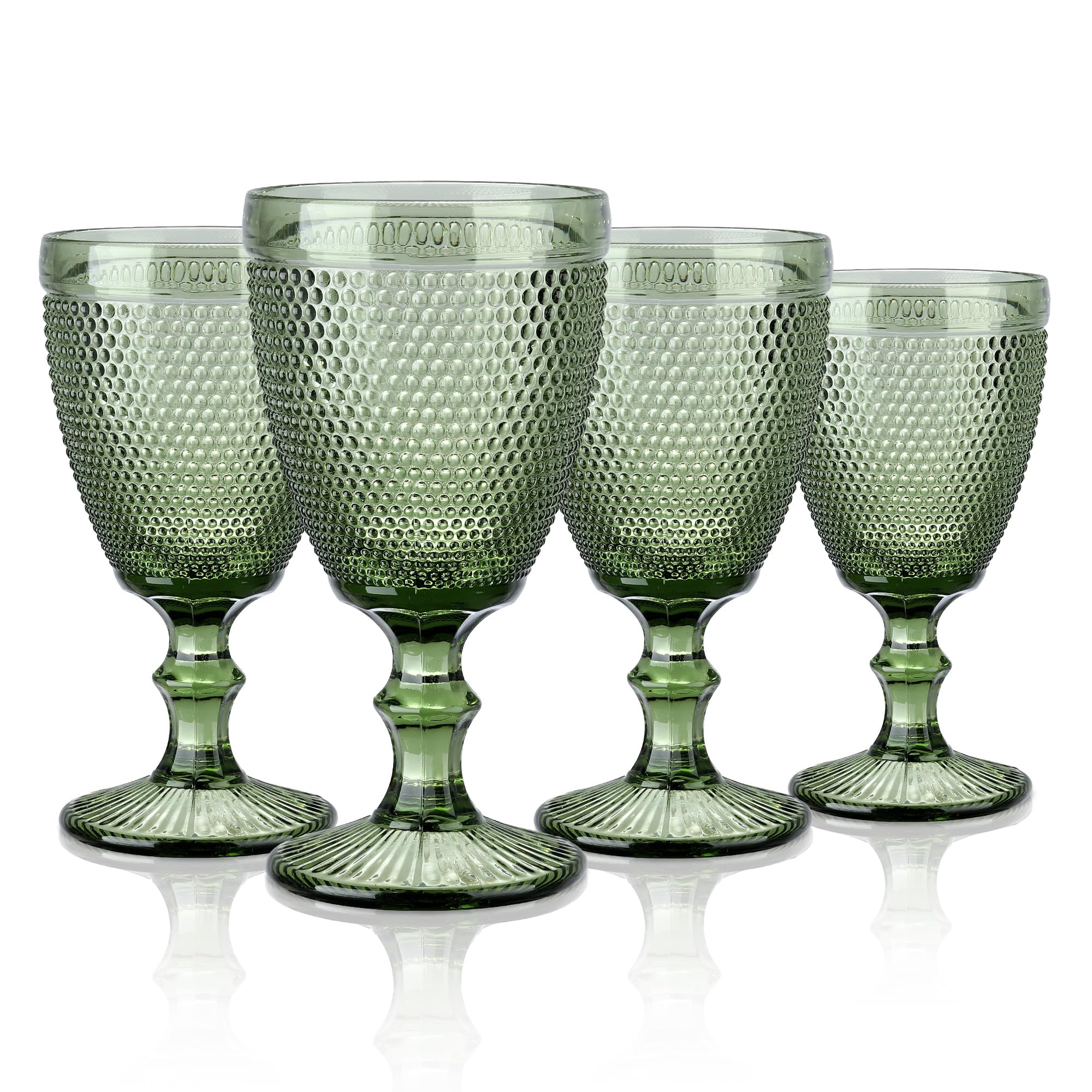 Joeyan 300ml Green Coloured Chunky Goblet Wine Glasses Set of 4 with Embossed Bead Design, Thick Heavy Sturdy Vintage Stemmed Glassware for Home Kitchen Party Bar, Dishwasher Safe