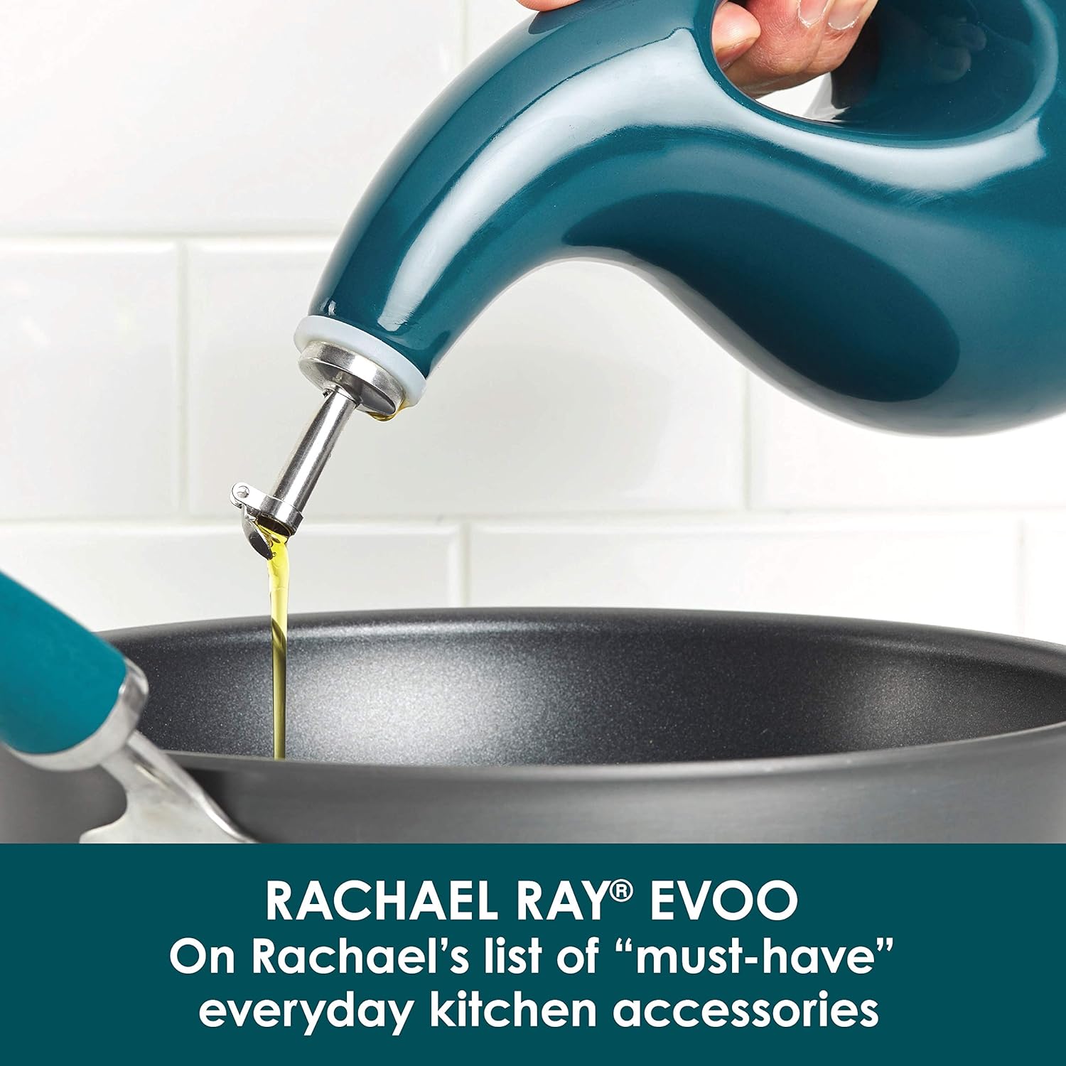 Rachael Ray Solid Glaze Ceramics EVOO Olive Oil Bottle Dispenser with Spout, 24 Ounce, Marine Blue: Kitchen & Dining
