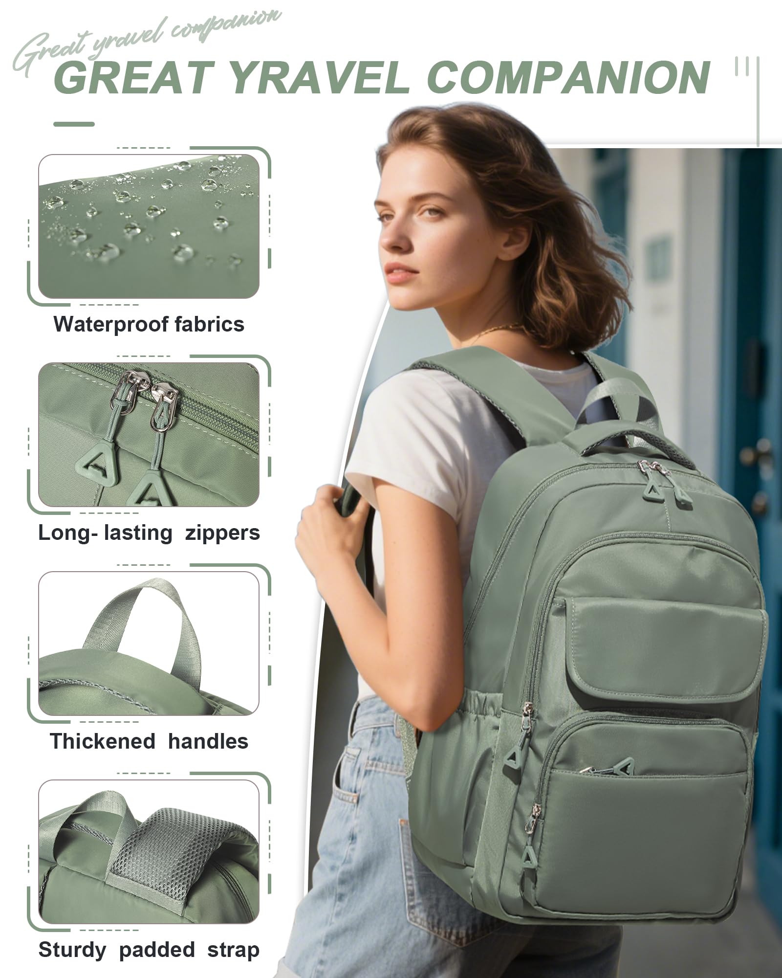 School Backpack for Women Men, Waterproof Backpacks for Girls 15.6 Laptop Multifunction Casual Daypack, Basic College Backpack School Bookbag Mochilas Escolares para Niñas, Green