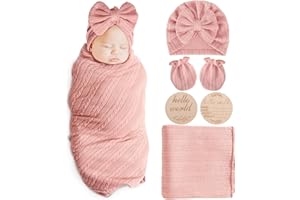 AQOKKA Newborn Receiving Blanket with Bow Hat Mittens Wooden Card Set Wheat-Pattern Newborns Toddler Baby Boy Girl Nursery Swaddle Wrap
