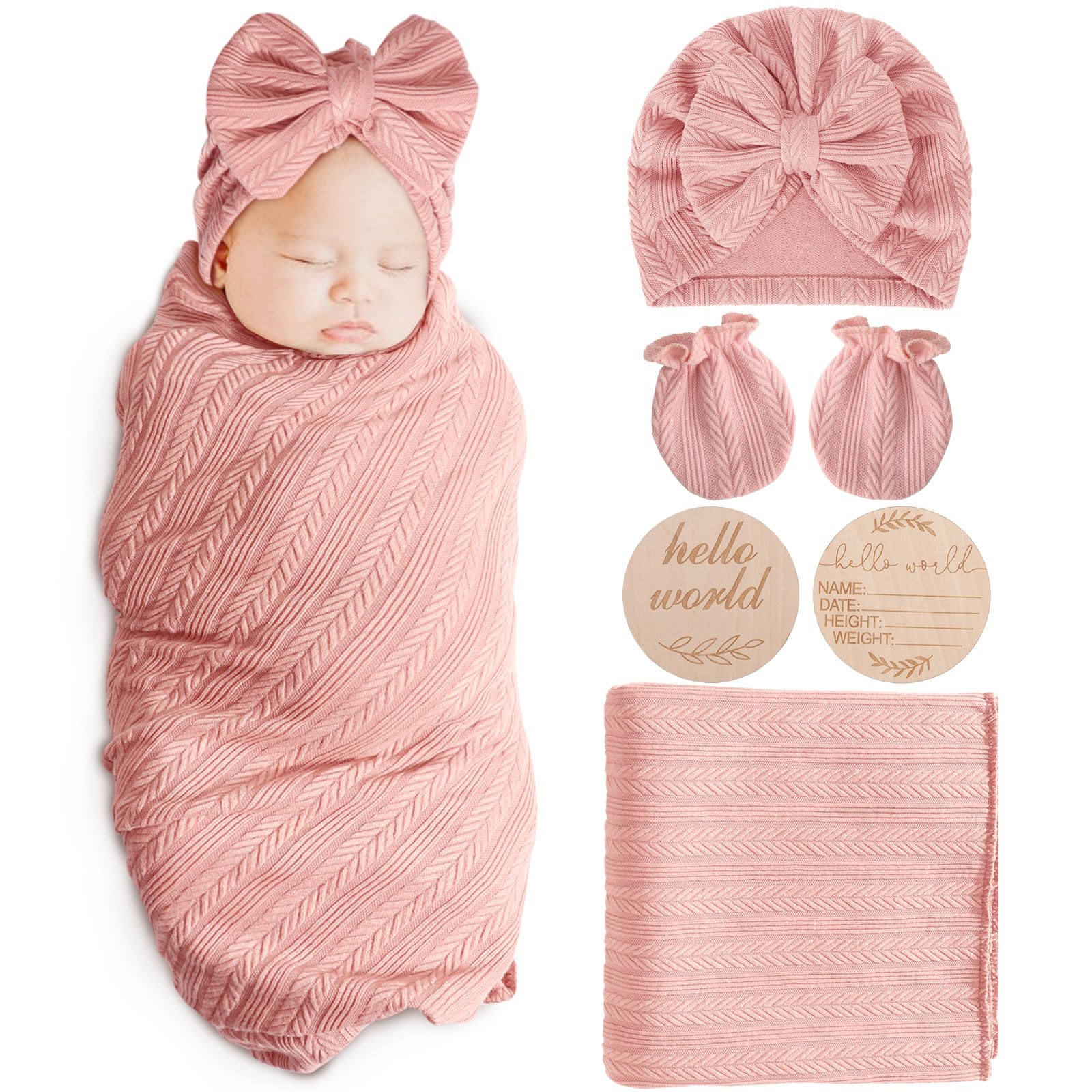 Photo 1 of AQOKKA Newborn Receiving Blanket with Bow Hat Mittens Wooden Card Set Wheat-Pattern Newborns Toddler Baby Boy Girl Nursery Swaddle Wrap