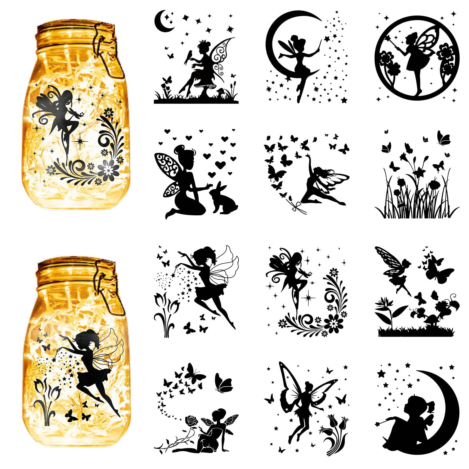 CREATCABIN 12Pcs Fairy Silhouettes Mason Jar Decor Angel Lantern Laser Cutouts Ornaments Pvc Scrapbook Embellishment for Frosted Glass Wall Windows Cars DIY Crafts Xmas Black 3.9x3.5Inch(No Sticker)