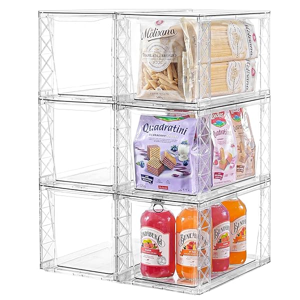 CLEMATE 6PACK STACKABLE KITCHEN STORAGE ORGANIZER, PANTRY ORGANIZERS AND STORAGE, CLEAR FOODS ORGANIZER BINS WITH HANDLES, EASILY ASSEMBLE FOR BATHROOM, KITCHEN, PANTRY, CABINET, CLOSET